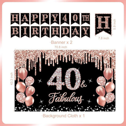 40th Birthday Decorations for Women, 38pcs Black Rose Gold Backdrop, Honeycomb Centerpieces, Banner, Hanging Swirls, Porch Banner, Balloons, Sash, Crown for 40 Years Old Birthday Decorations