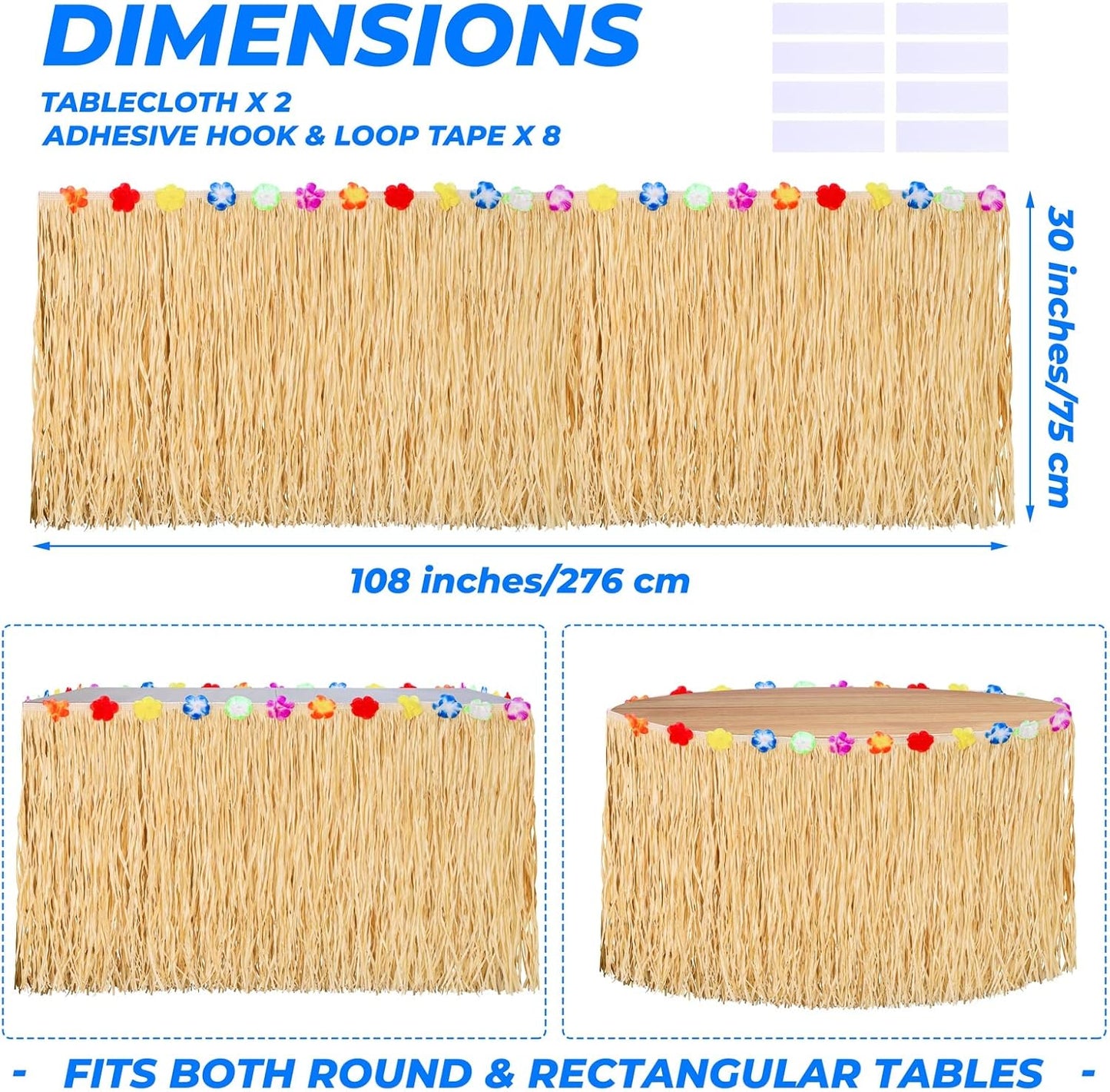 Aodaer 2 Pack Paper Luau Grass Table Skirt with Hibiscus Flowers 9 Feet x 30 Inch Raffia Style Hawaiian Table Skirt Rectangle Tropical Luau Party Decorations for Summer Beach Party, Straw
