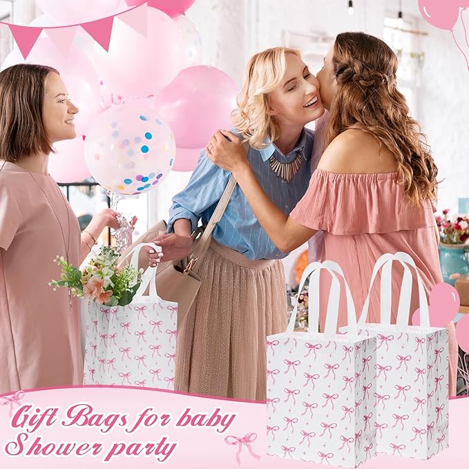 Supervitae 24 Pack Coquette Pink Bow Gift Bags Medium Bow Themed Party Favor Bags Reusable Non Woven Goodie Totes for Birthday Bachelorette Baby Shower Thanksgiving(9.8" x 7.9" x 3.9")