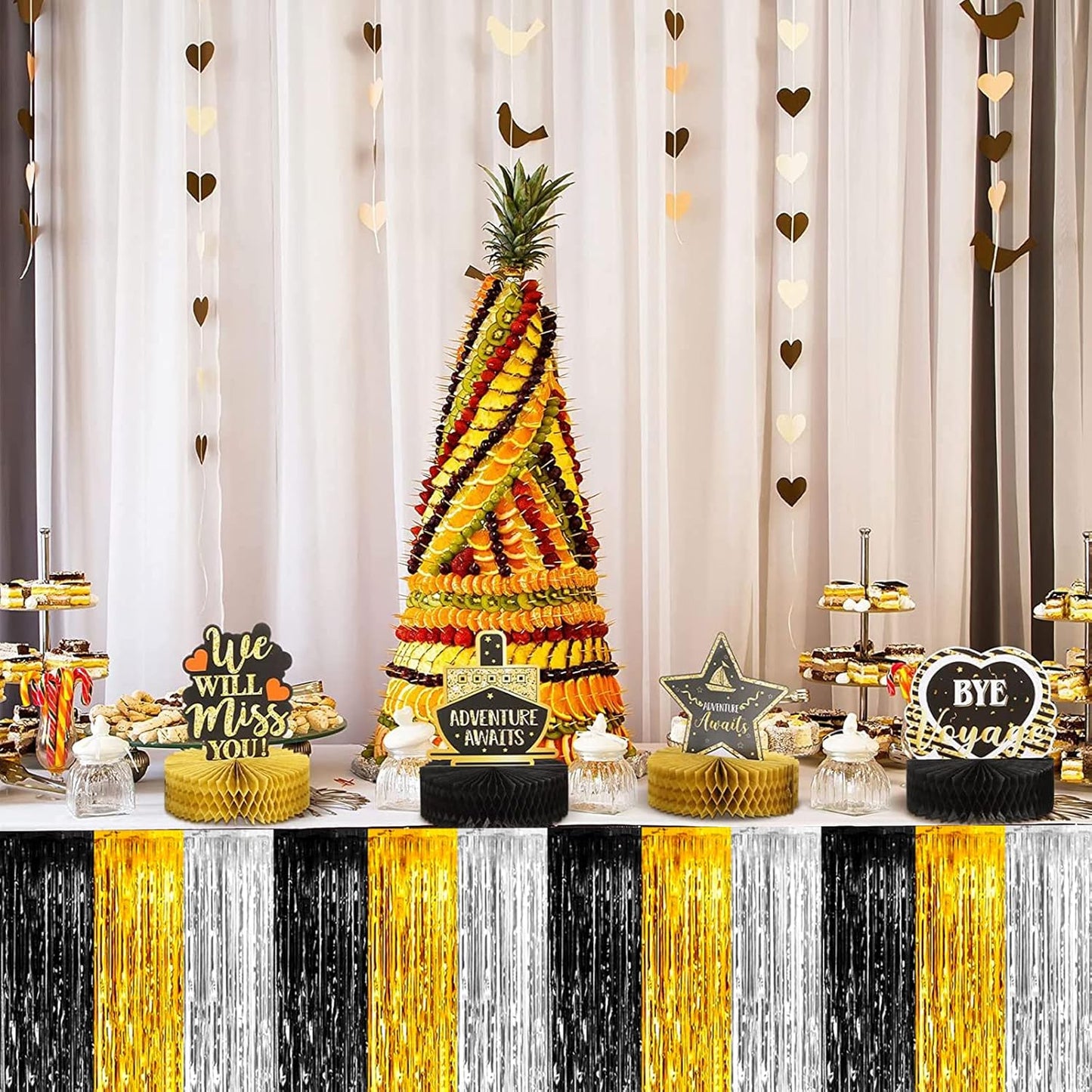 6 Pack 29x108 Inch 2024 New Year Metallic Foil Fringe Table Skirts Banner for Tinsel Streamer Garland Curtains Backdrop for Notorious One Birthday Roaring 20s Graduation Party Decorations