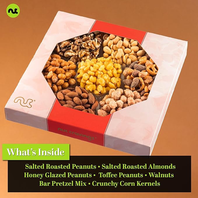 NUT CRAVINGS - Halloween Treats For Adults Mixed Nuts Gift Basket in Red Gold Classic Box (7 Assortments, 1 LB) Holiday Xmas Christmas Food Arrangement, Healthy Snack Care Package, Food Assortments