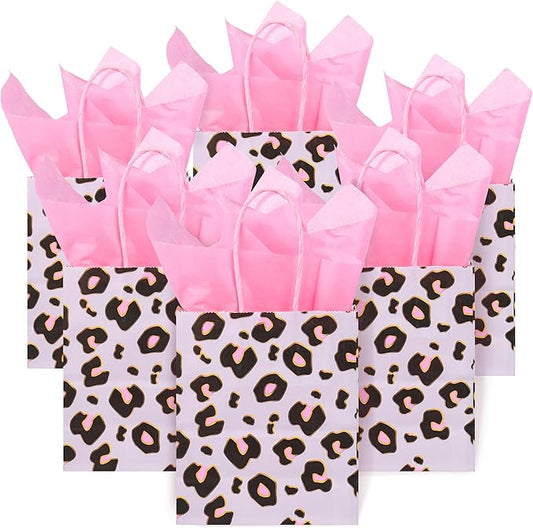 DjinnGlory 24 Pack Mini Small Gray Leopard Cheetah Print Party Favor Bags with Handles and Pink Tissue Paper for Party Favors Goodies, Small Business Gifts, Merchandises, 6.5x5.5x3 Inch