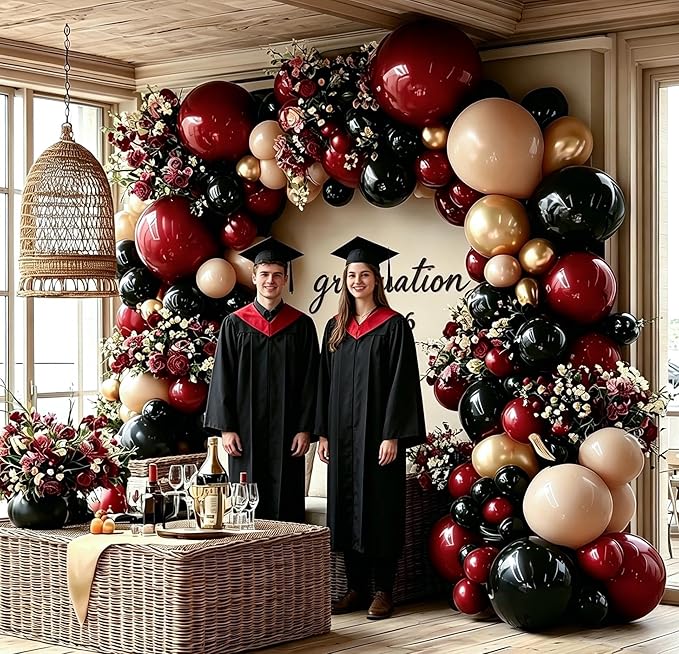 Burgundy Black Balloon Arch Kit Double Stuffed Nude Maroon Metallic Wine Red Apricot Balloon Garland with Gold Latex for Birthday Anniversary Wedding Bridal Graduation Mother's Day Party Decoration