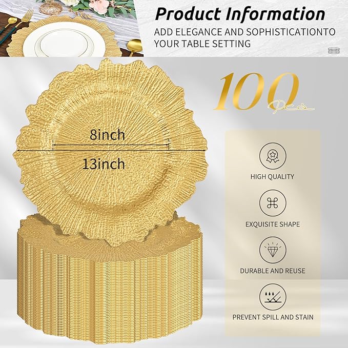 Pesonlook 100Pcs Gold Charger Plates Round 13inch, Reef Plate Chargers for Dinner, Bulk Plastic Floral Table Charger Plates for Dinner Wedding Party Event Table Setting Decoration(Gold)