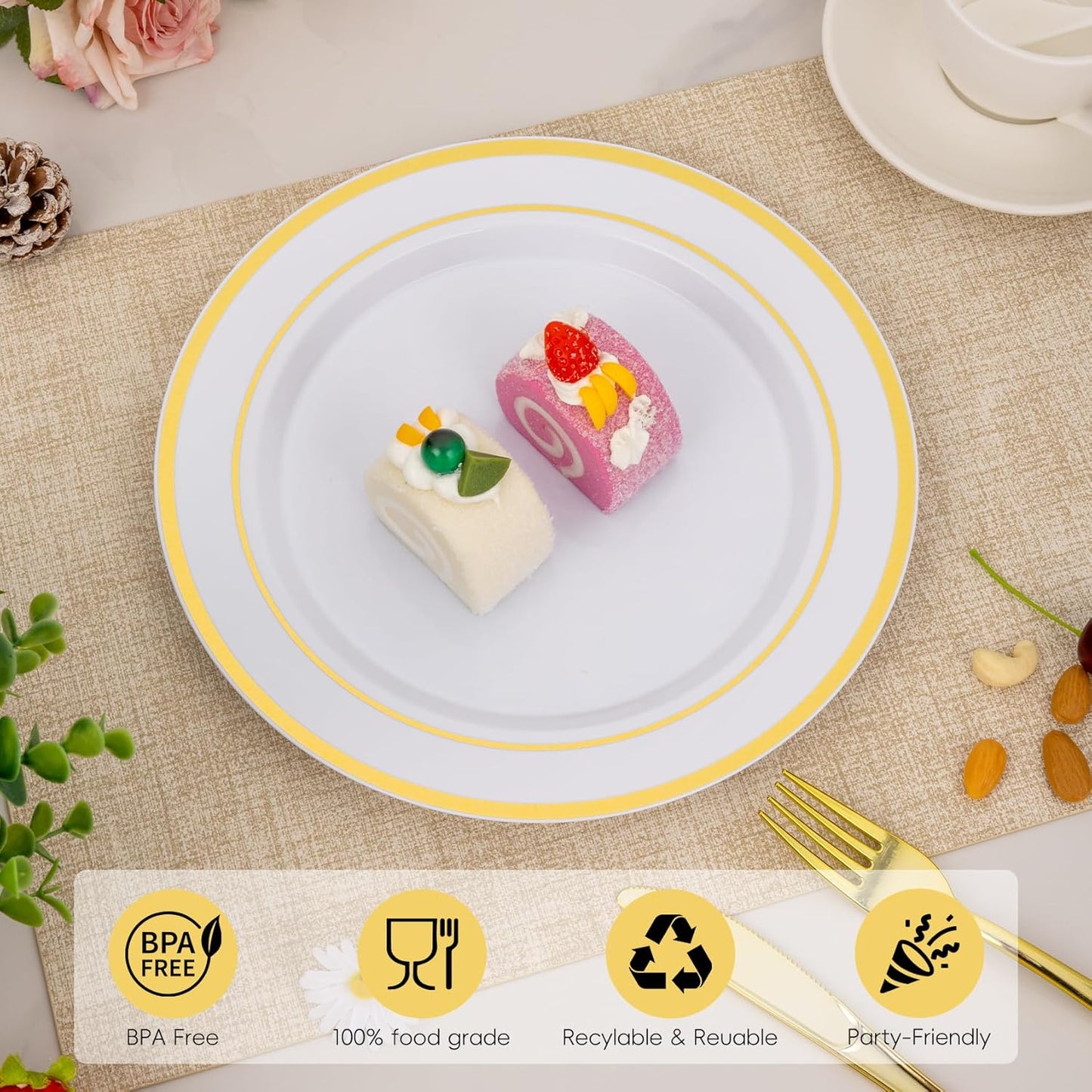 Goodluck 100PCS Gold Plastic Plates, 10.25 Inch Dinner Plate with Gold Rim, Heavy Duty Disposable Plastic Plates for Party, Wedding, Birthday & Daily Use