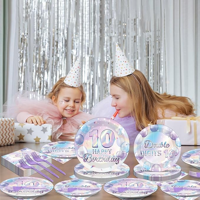 96Pcs Iridescent 10th Birthday Paper Plates and Napkins for Double Digits Party Dessert Cake Plates Disposable Decor 10 Years Old Parties Set for Kids Girls Boys 10-Year-Old Birthday Decorations