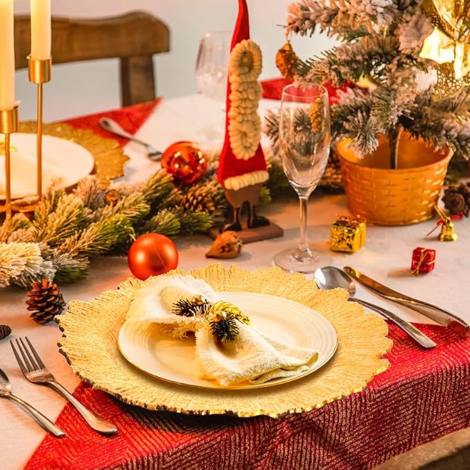 GenMous 100 Pack Gold Charger Plates Bulk for Wedding Party Table Decor, 13 inch Floral Decorative Gold Charger for Dining Plates, Plastic Metallic Plates Charger for Thanksgiving Christmas Holiday
