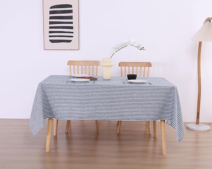 100% French Flax Linen Tablecloths Rectangle 120Lx60W Inch for Dinners, Parties, Easter, Halloween, Camping, Stone Washed, Textured, Machine Washable, 10-12 Sets (60''x120'', Blue Stripe)