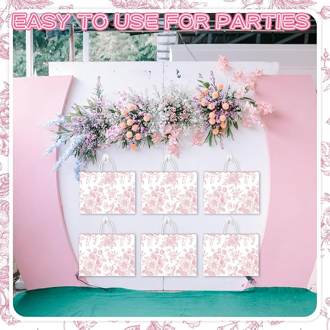 Kolldenn 24 Pcs Pink Floral Party Favor Bags with Handles 16 x 6 x 12 Inch Extra Large Scalloped Wildflower Goodie Candy Gift Treat Bags for Birthday Decoration for Bridal Baby Shower Party Supplie