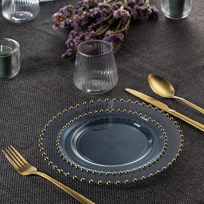 PLASTICPRO 64 Piece Combo Plastic Dinner Plates Disposable Plastic Fancy Heavy Duty Party Dishes 7 inch and 10 inch, Translucent Blue and Gold Beaded