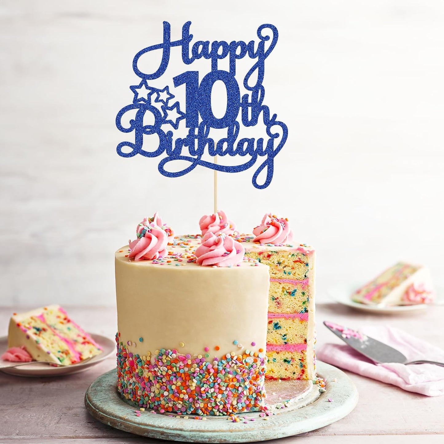 1 Pack Happy 10th Birthday Cake Topper Glitter Heart Star 10 Fabulous Cake Pick Birthday Sign Cake Decorations for Children 10th Birthday Theme Party Supplies Blue