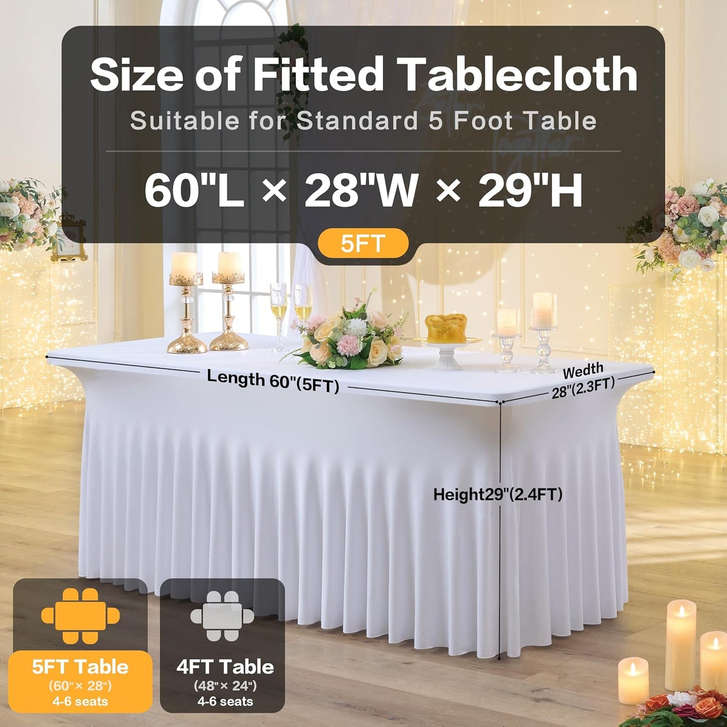 leegleri 4 Pack White Spandex Fitted Table Clothes for 5 Foot Rectangle Tables, Wrinkle Free 5ft Spandex Table Cover with Skir-for Banquet Weddings Parties