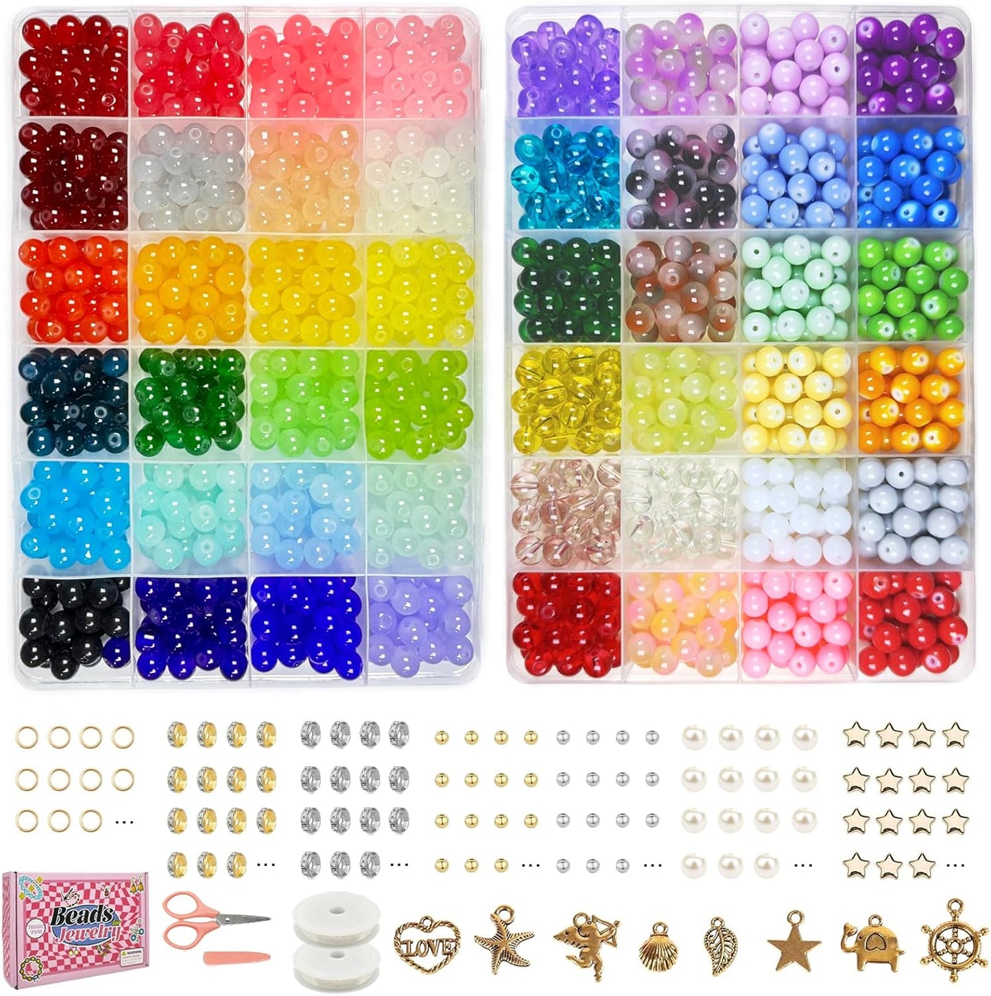 Dayify 1500 Pcs 8mm Glass Beads Bracelet Making Kit, 48 Colors Crystal Beads for Jewelry Making, Round Glass Beads with Charms for Bracelets and DIY Crafts (43 Solid Colors and 5 Mermaid Colors)