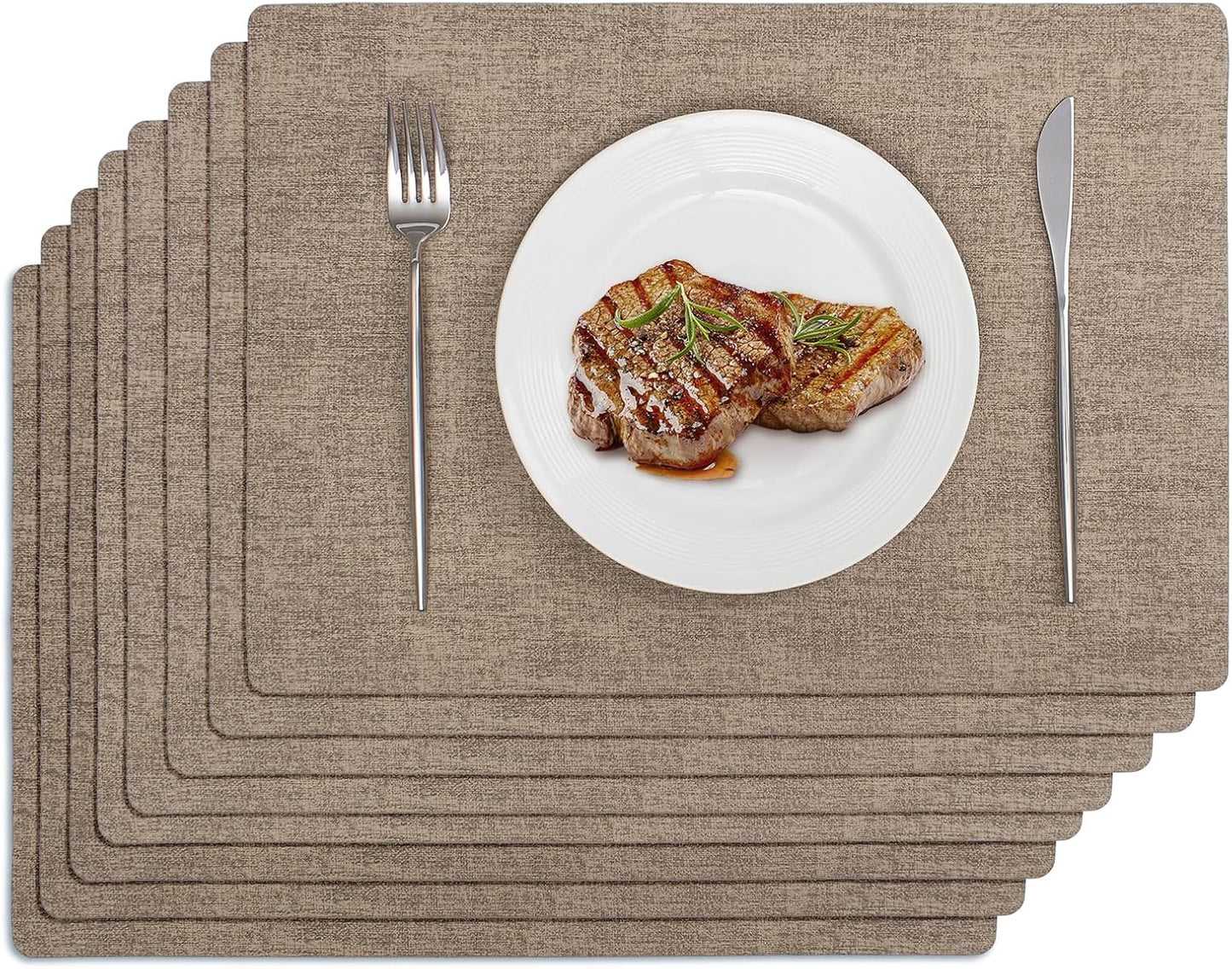 Softalker Vinyl Placemats Set of 8 - Faux Leather Heat Resistant Place Mats, 100% Waterproof Oilproof Wipe Clean Table Mats for Indoor & Outdoor Use, 17’’×12’’, Khaki