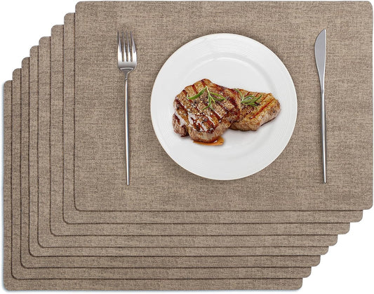 Softalker Vinyl Placemats Set of 8 - Faux Leather Heat Resistant Place Mats, 100% Waterproof Oilproof Wipe Clean Table Mats for Indoor & Outdoor Use, 17’’×12’’, Khaki