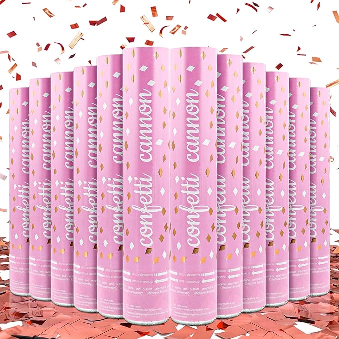 Confetti Cannon Rose Gold Confetti Poppers 12 Pack Confetti Party Cannon Bulk Pink Foil Party Poppers Shooters Mylar Popper for Wedding,Birthday,Graduations,New Year Celebration