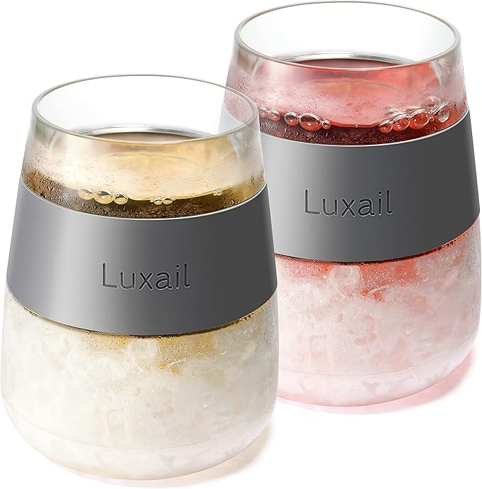 Wine Glasses, Plastic Wine Glasses Set of 2, Wine Gifts, Double Wall Insulated Freezer Tumbler, Stemless cups for Red and white Wine, 8.5 Oz, Grey