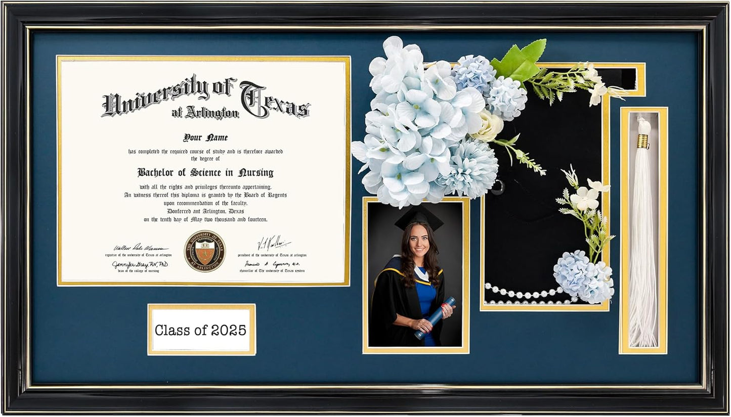 GraduationMall Class of 2025 Graduation Frame for 8.5x11 Diploma & 4x6 Photo with Graduation Cap & Tassel Holder, Black Wood Display Case with Navy Gold Mat
