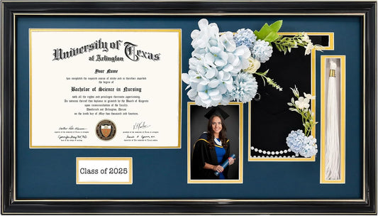 GraduationMall Class of 2025 Graduation Frame for 8.5x11 Diploma & 4x6 Photo with Graduation Cap & Tassel Holder, Black Wood Display Case with Navy Gold Mat
