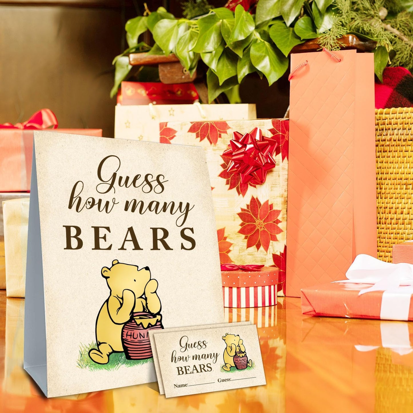 Baby Shower Decorations - Guess How Many Bears Game - Winnie the Pooh Theme - 5 x 7 x 0.2 inches - Paper Tabletop Sign