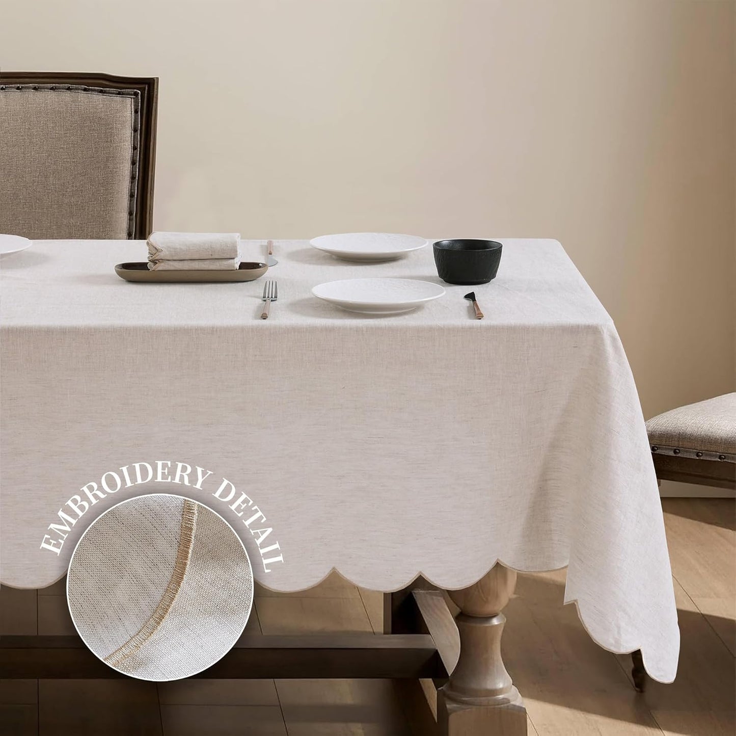 100% French Flax Linen Tablecloths Scalloped Embroidery Rectangle 132Lx60W Inch for Dinners, Spring, Machine Machine Washable, 12-14 Sets, Linen(Edges-Gold)