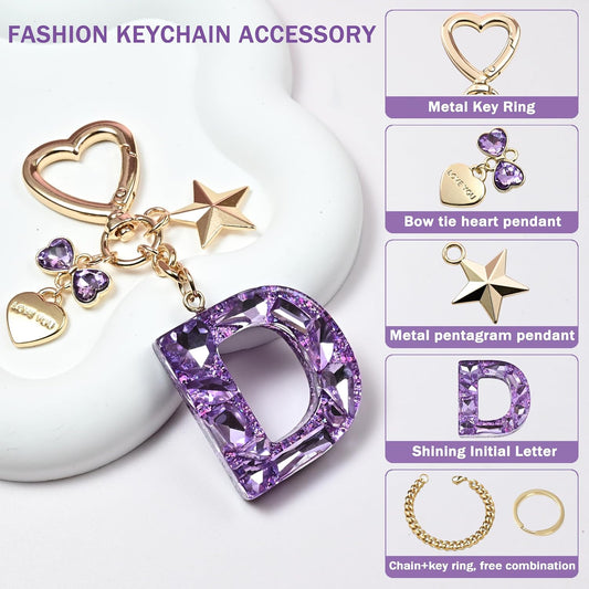 Cute Bling Keychain initial Letter Butterfly Star Pink Purple Gift for Women Girls Bag Cup Charms Accessories
