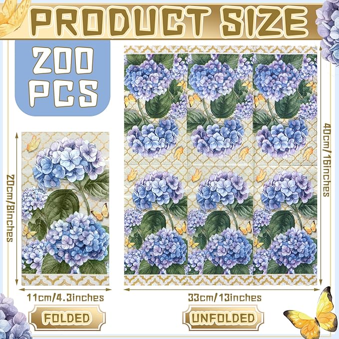 Karenhi 200 Pcs Hydrangea Guest Napkins 2 Ply Spring Paper Guest Towels for Bathroom Butterfly Disposable Hand Towels Blue Decorative Dinner Napkins Bridal Shower Napkins for Wedding Bathroom Party