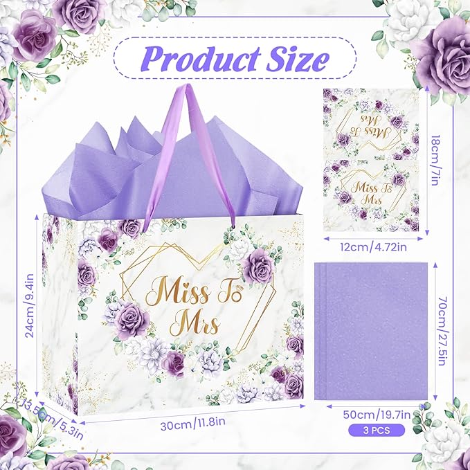 Yomaiha Purple Bridal Shower Gift Bag Wedding Miss to Mrs Gifts Bag with Tissue and Card Bridal Shower Gift Wrapping Paper Bag Floral Boho Wedding Gift Bags Bride Engagement Bachelorette Party Bag