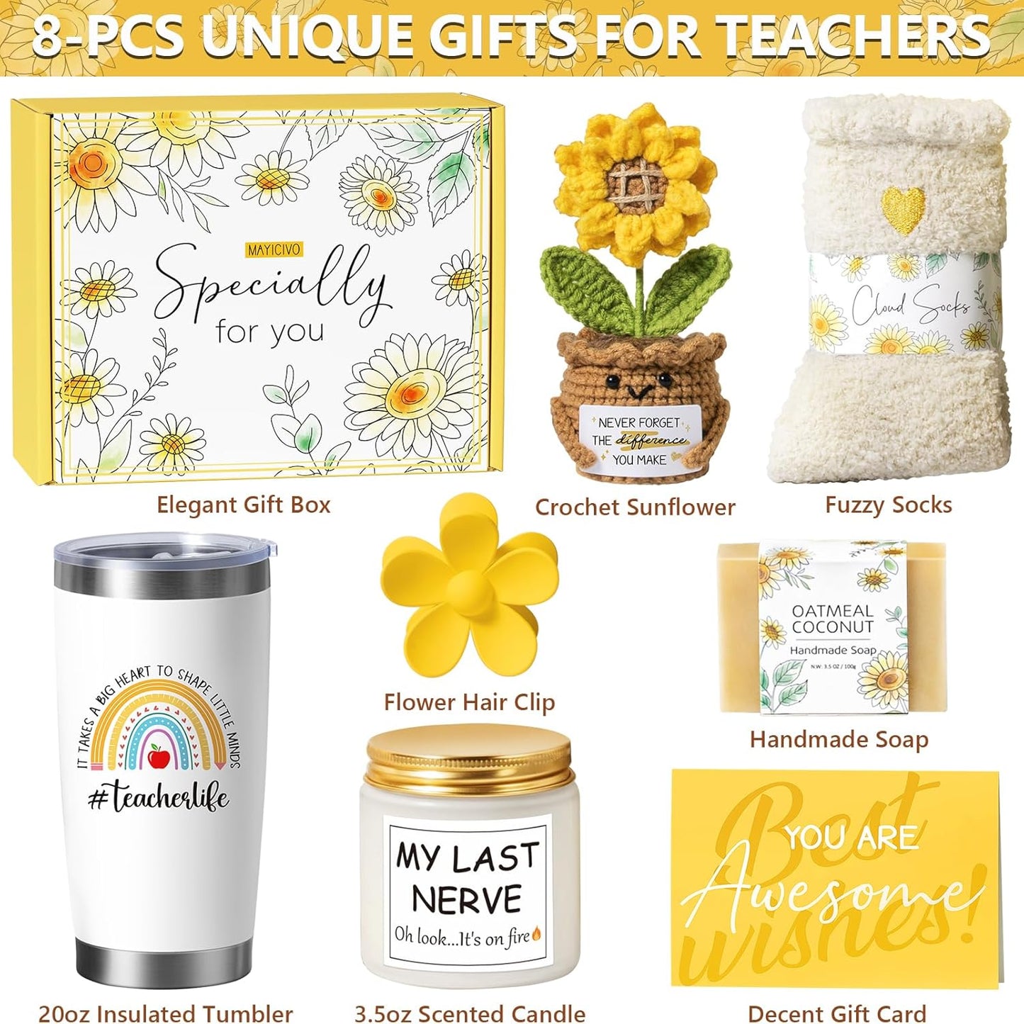 Teacher Christmas Gifts for Women, Best Teacher Appreciation Gifts Set Funny End of Year Teachers Gift from Student, Cute Birthday Retirement Sunflower Thank You Gift Baskets for Daycare Teachers