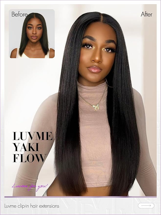 LUVME Yaki Straight Seamless Clip in Hair Extensions 70g, 20 Inch Natural Black, 100% Real Remy Human Hair, Soft Full Volume, Easy Clip Ins for Daily Wear, Work, Parties & Weddings