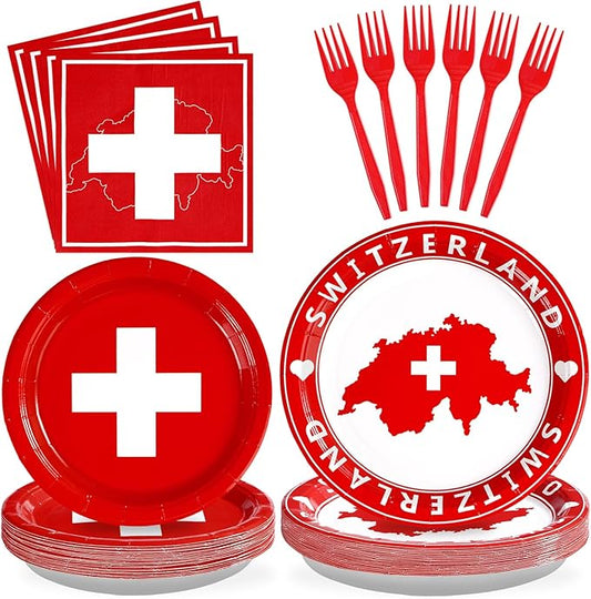 Grencian 96Pcs Switzerland Party Supplies Swiss Flag Plates and Napkins Disposable Switzerland Paper Plates Swiss National Day Decorations Tableware Kit for Travel, Cultural or Themed Events