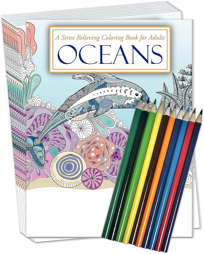ZOCO Oceans Coloring Book Bundles – 10 Bulk Pack with Pencils – Mindfulness Gifts for Adults, Seniors, Teens, Kids – Great for Wellness Programs, Group Activities & Assisted Living