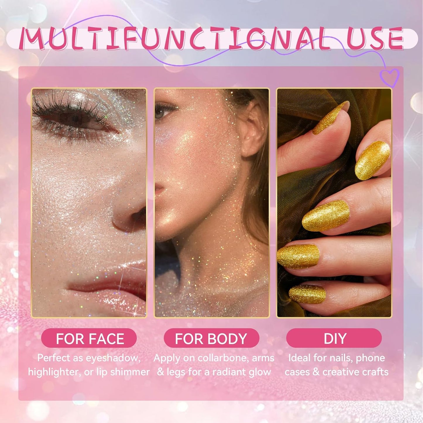 Roll-on Body Glitter, Long-Lasting Holographic Face Glitter Makeup Gel for Hair, Nails & Face Paint, Festival Rave Accessories, Party Concert Mermaid Shimmer (Gold)
