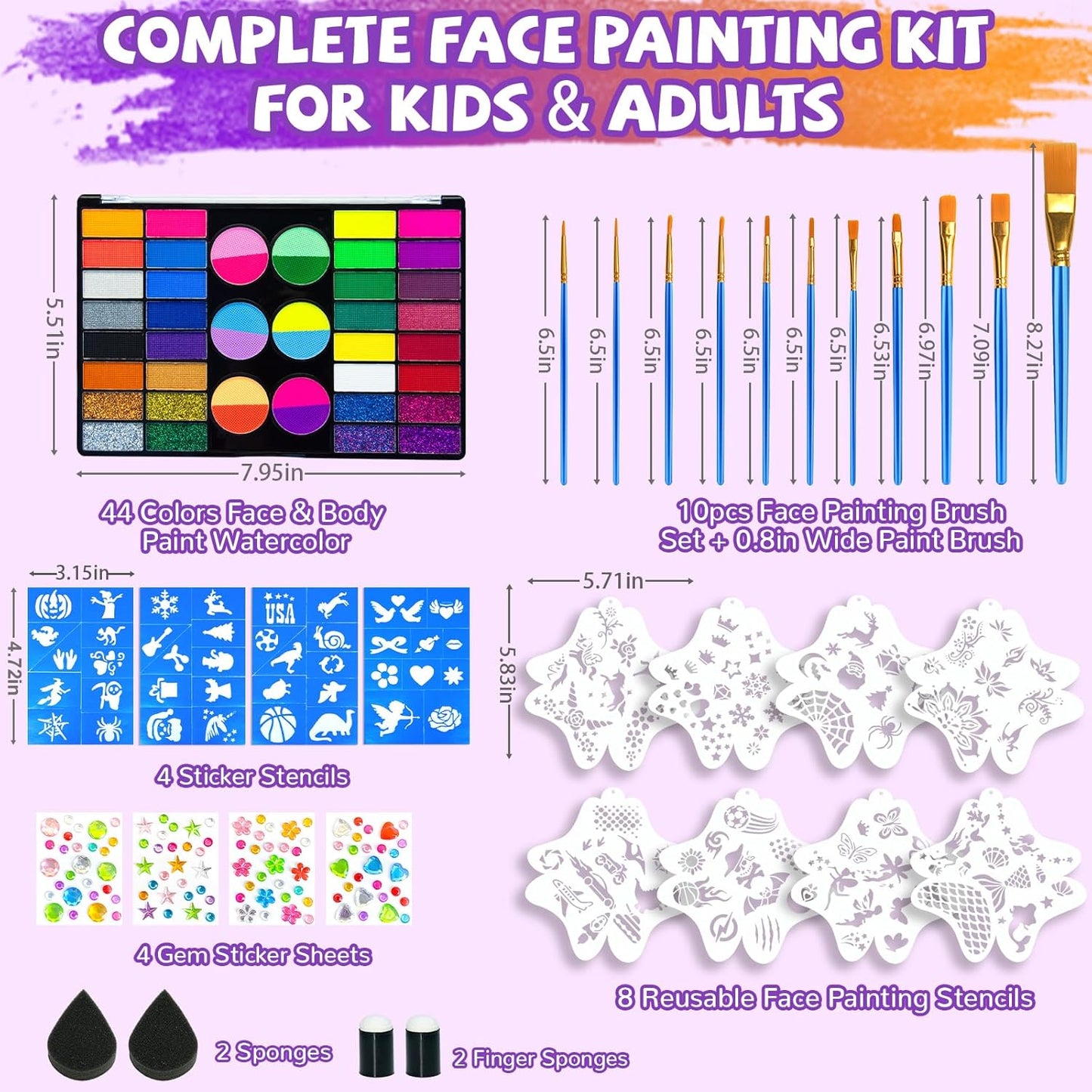 Professional Face Painting Kit for Kids – 44 Color Water Activated Facepaint Makeup Kit, Non-Toxic face Paint with Stencils, Gems, Brushes– for Halloween, Parties, Carnival, School Event & Festivals