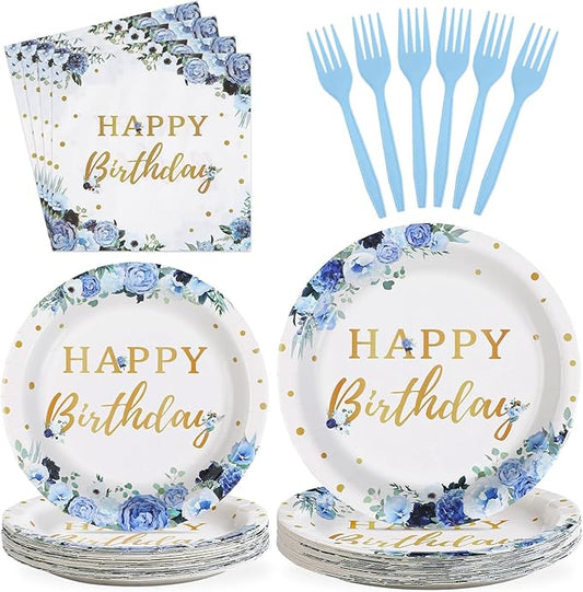 Grencian 96 Pcs Blue Flower Birthday Party Supplies Blue Floral Plates and Napkins Floral Themed Tableware Sets for Women Girls Birthday Party Decorations Serves 24