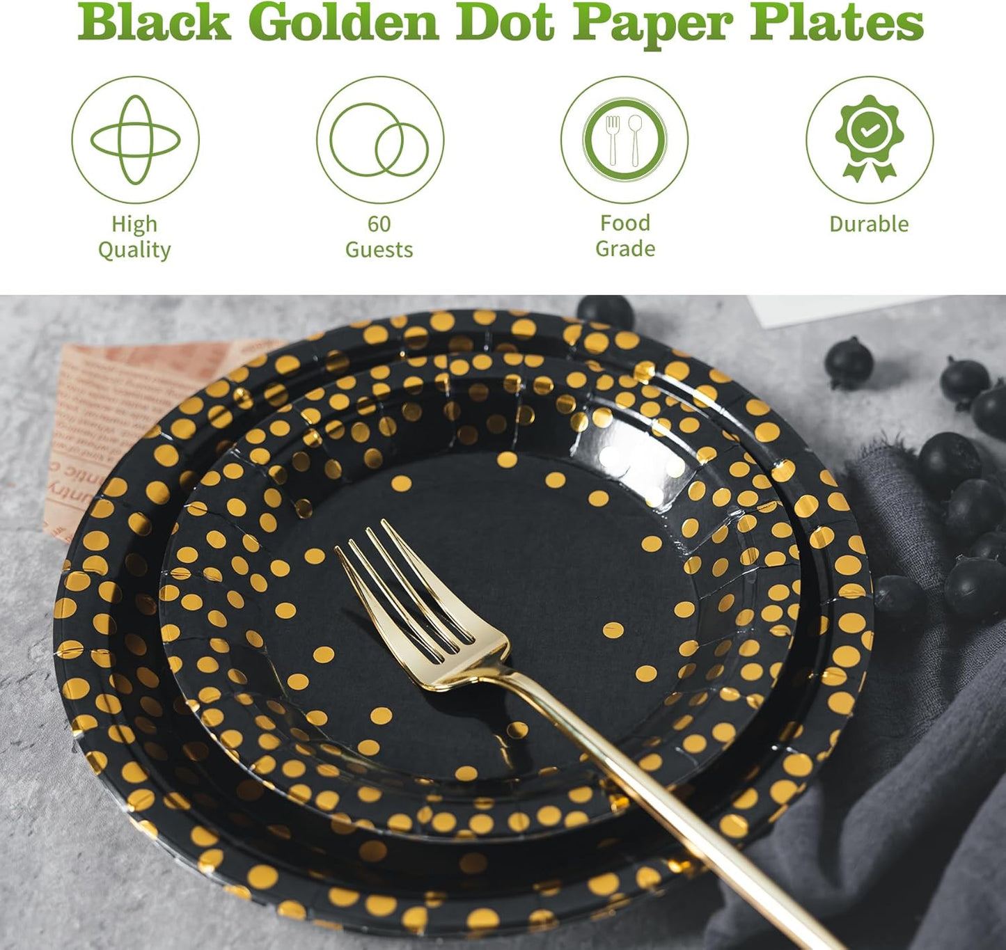 Lullaby 120PCS Black Paper Plates, Black and Gold Paper Plate, 60pcs Dinner Plates 9"，60pcs Dessert Plates 7", Disposable Graduation Plates with Golden Dot for Birthday party, Halloween