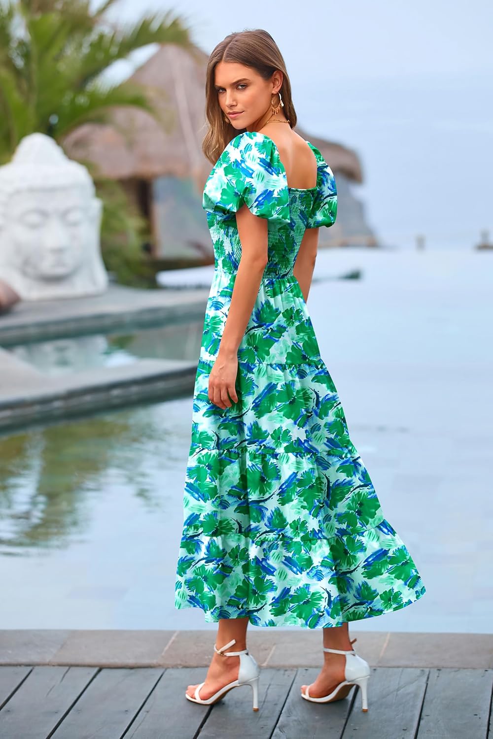 PRETTYGARDEN Women's Casual Summer Midi Dress Puffy Short Sleeve Square Neck Smocked Tiered Ruffle Dresses