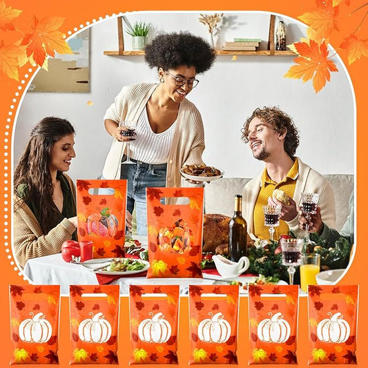 Supervitae 100 Pcs Thanksgiving Party Gift Bags Fall Pumpkin Favor Bags Bulk with Handles for Snacks Goodie Candy Treat Thanksgiving Party Supplies