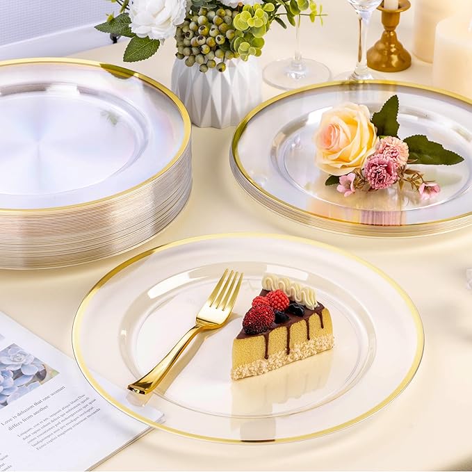 BESTSTAR 12 Inch Disposable Charger Plates, 15 Pack Plastic Clear Plates with Gold Rim, Perfect Table Decor for Party, Wedding, Dinner