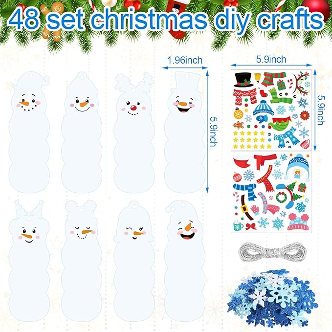 Frienda 48 Set Christmas Snowman Craft Kit DIY Christmas Snowman Bookmarks Ornaments Art Sets Winter Xmas Foam Stickers and Crafts for Xmas Tree Decoration