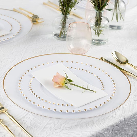 PLASTICPRO 64 Piece Combo Plastic Dinner Plates Disposable Plastic Fancy Heavy Duty Party Dishes 7 inch and 10 inch, White and Gold Beaded