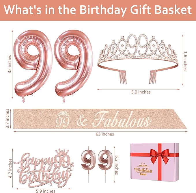 99th Birthday Decorations for Women with 99th Birthday Sash and Tiara, Cake Topper and Candles, Number Balloons, 99 Year Old Gifts for Women