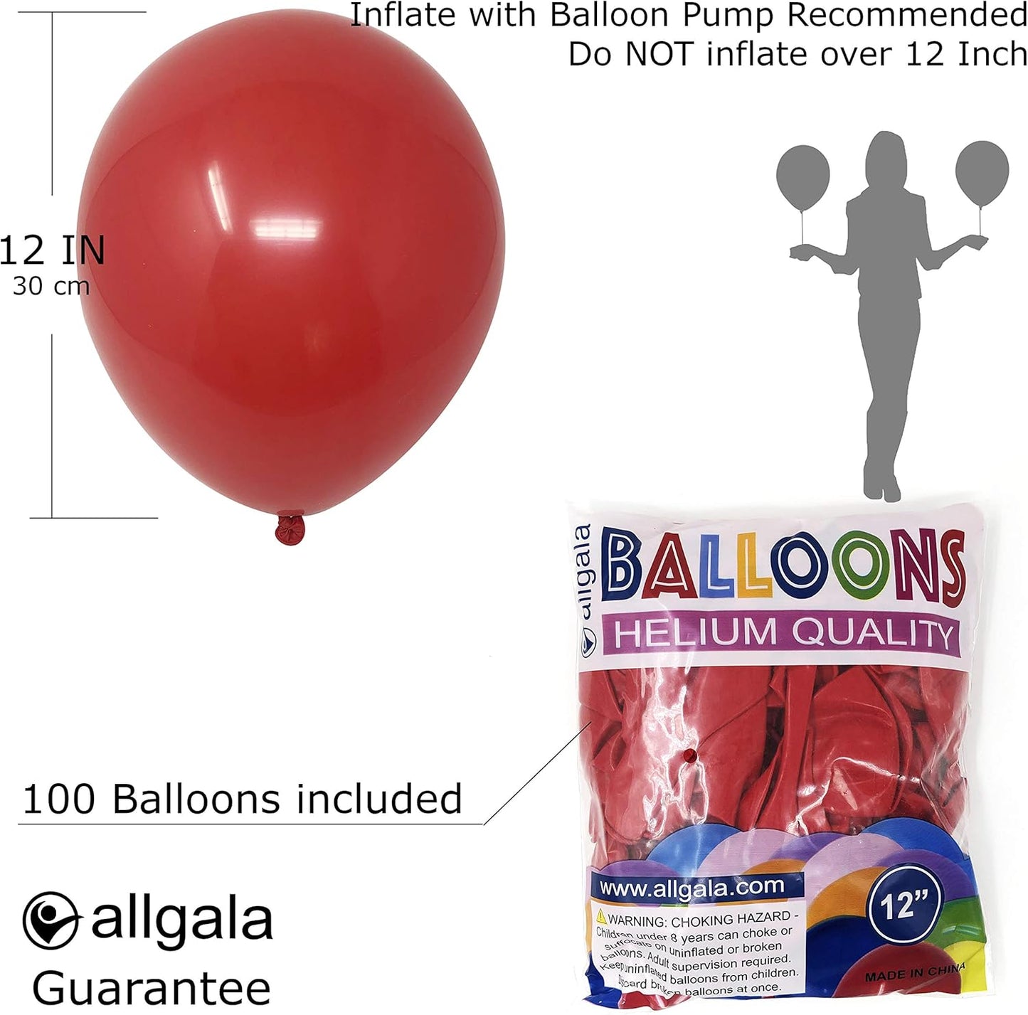 Allgala Latex Balloons for Parties | Helium Grade Bulk Balloon Pack | Ideal for Birthday Party Decorations, Baby Shower, Christmas Party | Colored Balloons for Events | 100ct 12" - Red