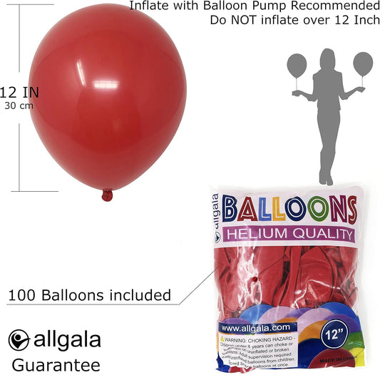 Allgala Latex Balloons for Parties | Helium Grade Bulk Balloon Pack | Ideal for Birthday Party Decorations, Baby Shower, Christmas Party | Colored Balloons for Events | 100ct 12" - Red