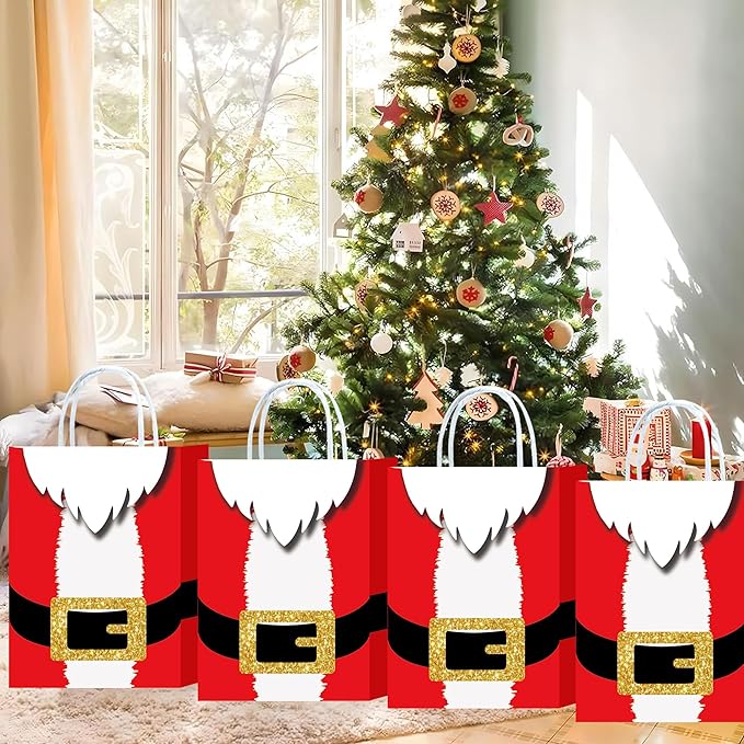 HongXingHai 8Pcs Fine Christmas Kraft Paper Gift Bags With Handles - Holiday Prints for Xmas Goody Bags Party Favors