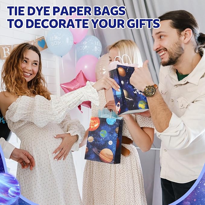 Gaillty 24 Pcs Outer Space Party Favor Bags Galaxy Goodie Gift Bags with Handles Kraft Paper Solar Treat Candy Totes for Astronaut Science Themed Birthday Party Supplies Decorations