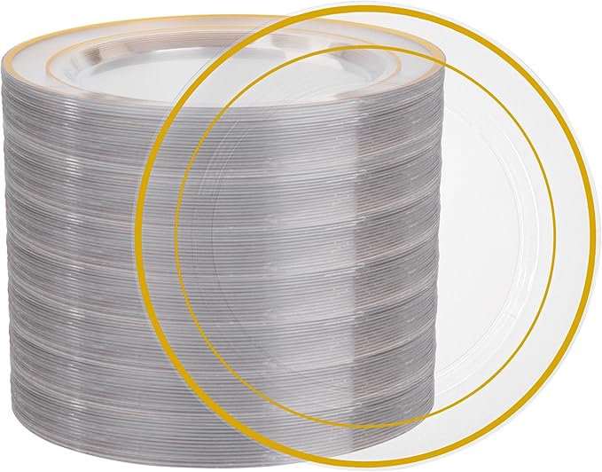 100PCS Clear Plastic Plates, 10 Inch Thanksgiving Plates Disposable Dinner Plate Party with Gold Rim, Heavy Duty Disposable Plastic Plate for Party, Wedding and Birthday