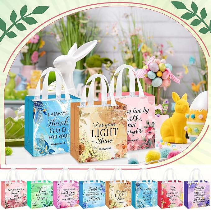 HunnmingRe 32 Pcs Christian Gift Bags Bulk, Easter Reusable Flower Religious Bible Verse Tote with Handles Non Woven Scripture Pastor Blessing Gift for Baptism Church Wedding Favors