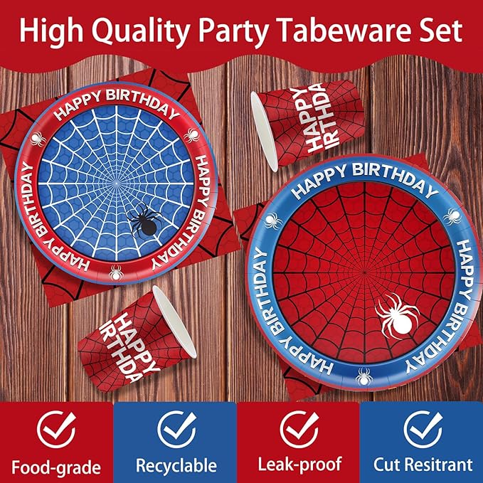 168Pcs Spider Birthday Decorations, Includes Plates Napkins Cups Knives Forks Spoons, Serve 24