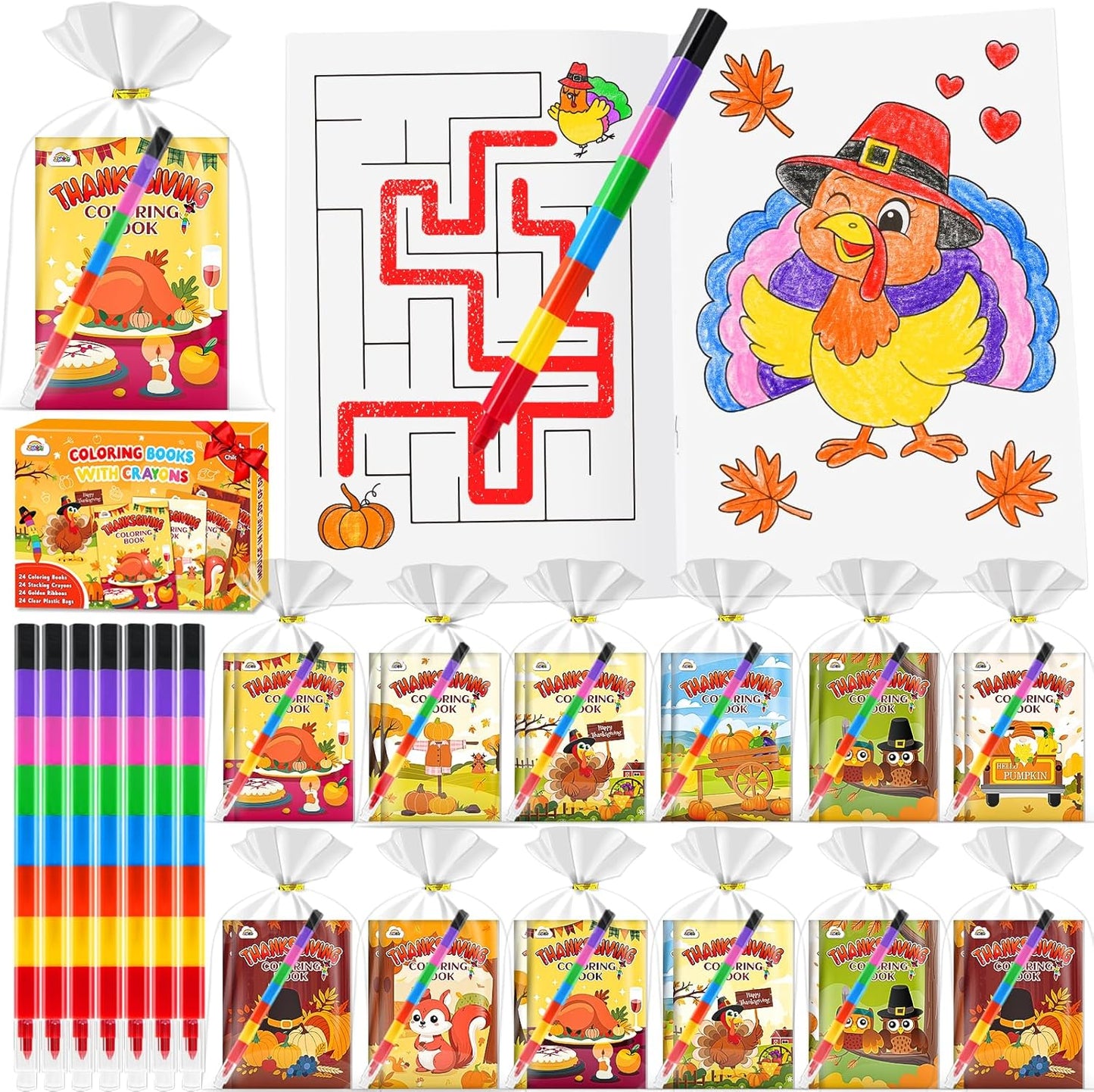 ZMLM 24 Coloring Books for Kids Party Favors: Bulk 24 Crayons Mini Coloring Books for Kids Ages 4-8 Birthday Goodie Bags Stuffers Toddlers Return Gifts Classroom Prizes Teacher Crafts (Thanksgiving)